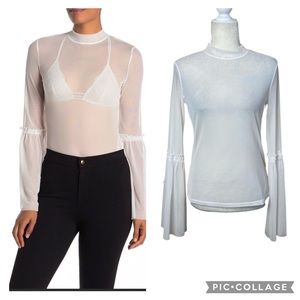 Show Me Your Mumu Clara Ivory White Mock Neck Sheer Long Tulip Sleeve Top